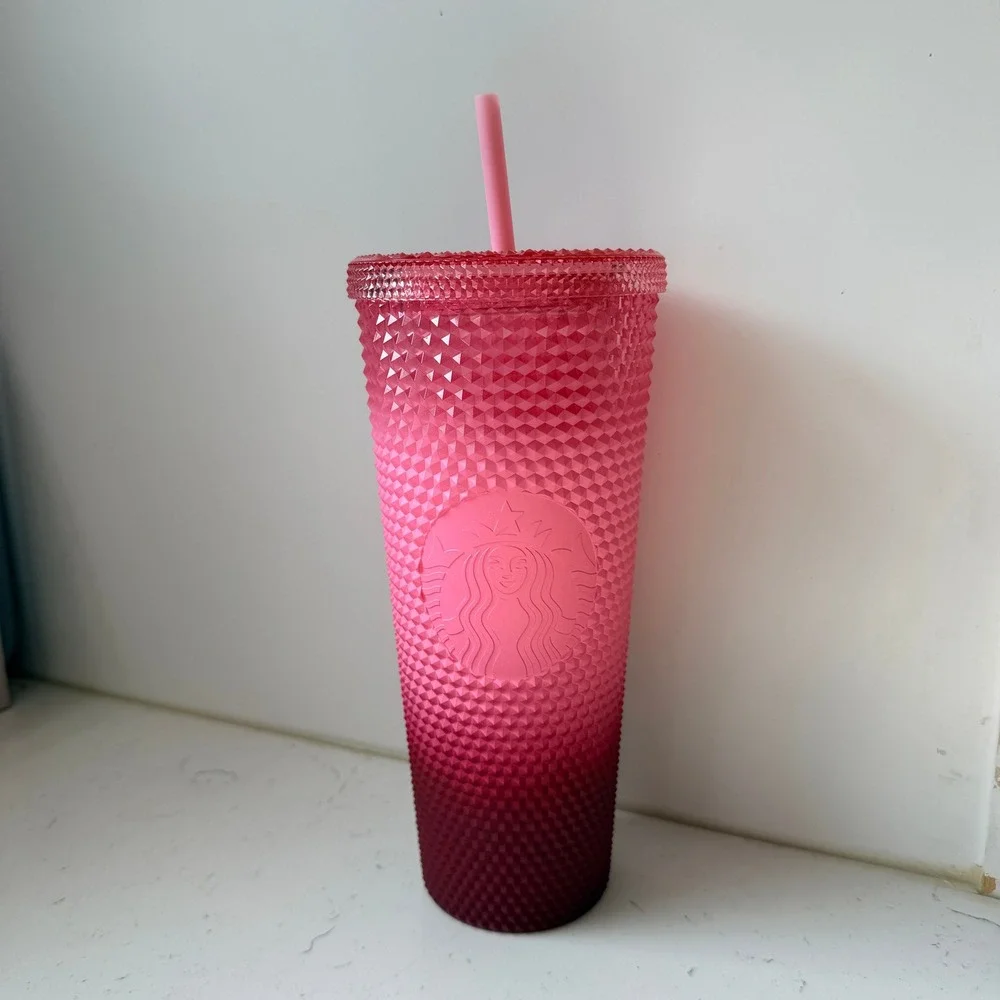 Starbucks 2021 Pink Burgundy Ombre Studded Venti Cold Cup Tumbler 24oz W/Straw